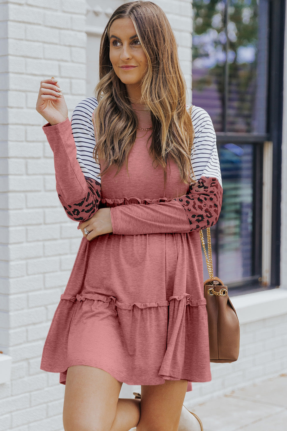 Pink Striped Leopard Patchwork Frill Long Sleeve Short Dress