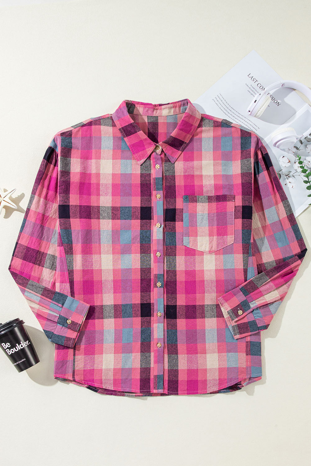 Rose Checkered Print Button-up Plus Size Shirt