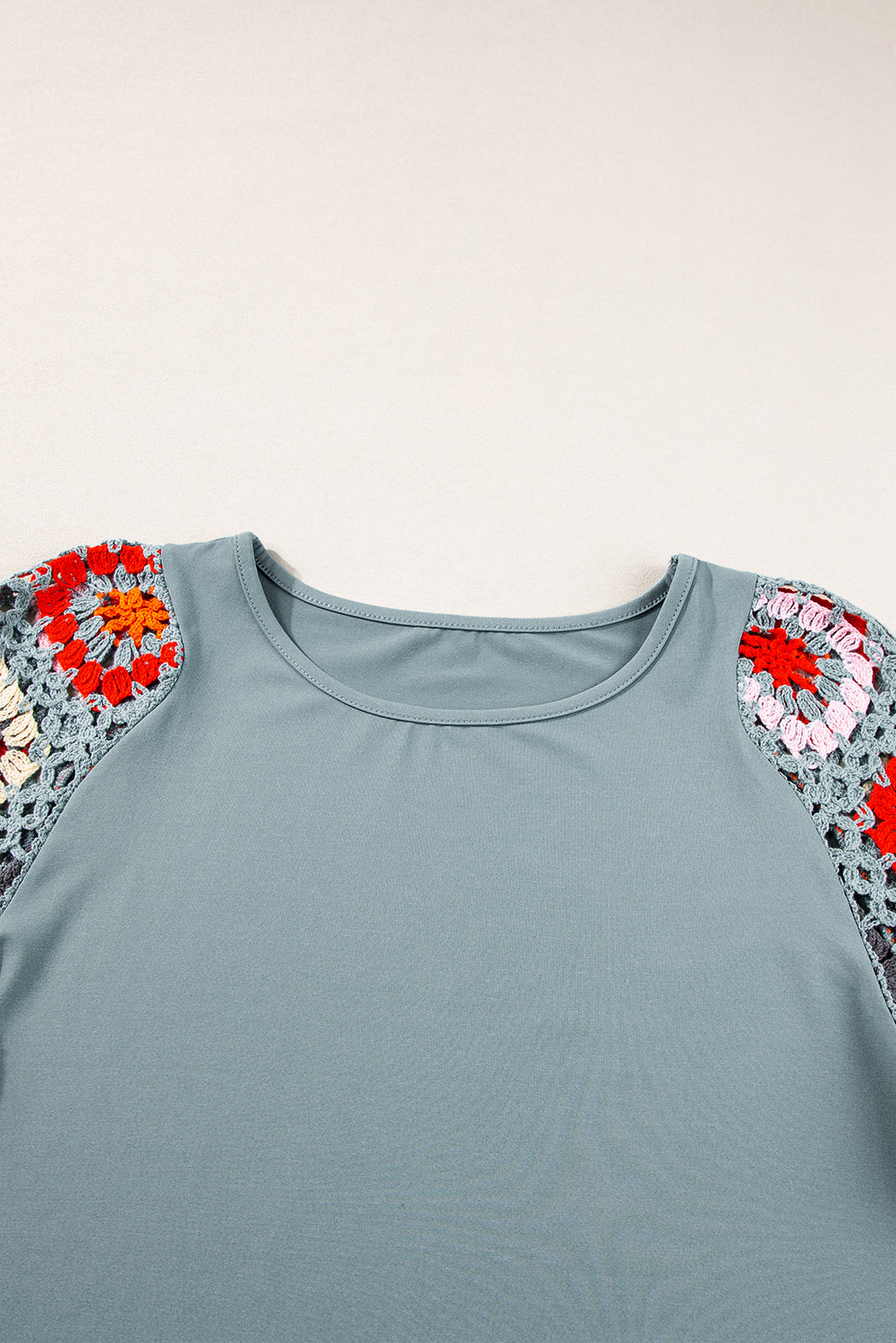 White Floral Hollowed Crochet Sleeve Boho T Shirt