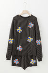Carbon Grey Twisted Rib Sequin Bow Patched Long Sleeve Top and Shorts Set