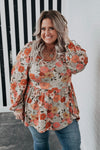 Khaki Plus Size Flower Print Square Neck Peplum Blouse