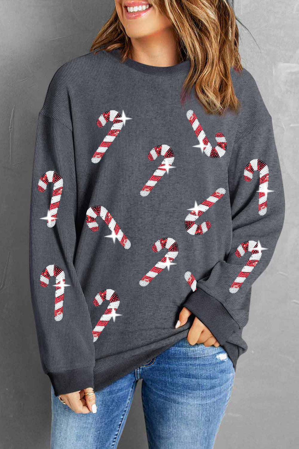 Pink Xmas Candy Cane Shining Graphic Corded Sweatshirt