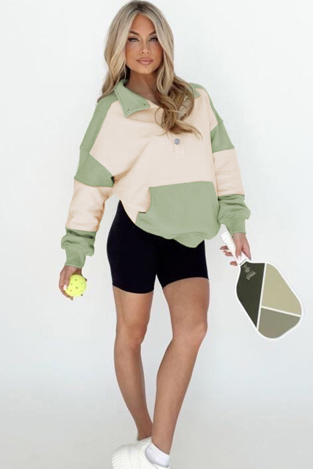 Laurel Green Colorblock Patchwork Buttoned Collar Kangaroo Pocket Sweatshirt