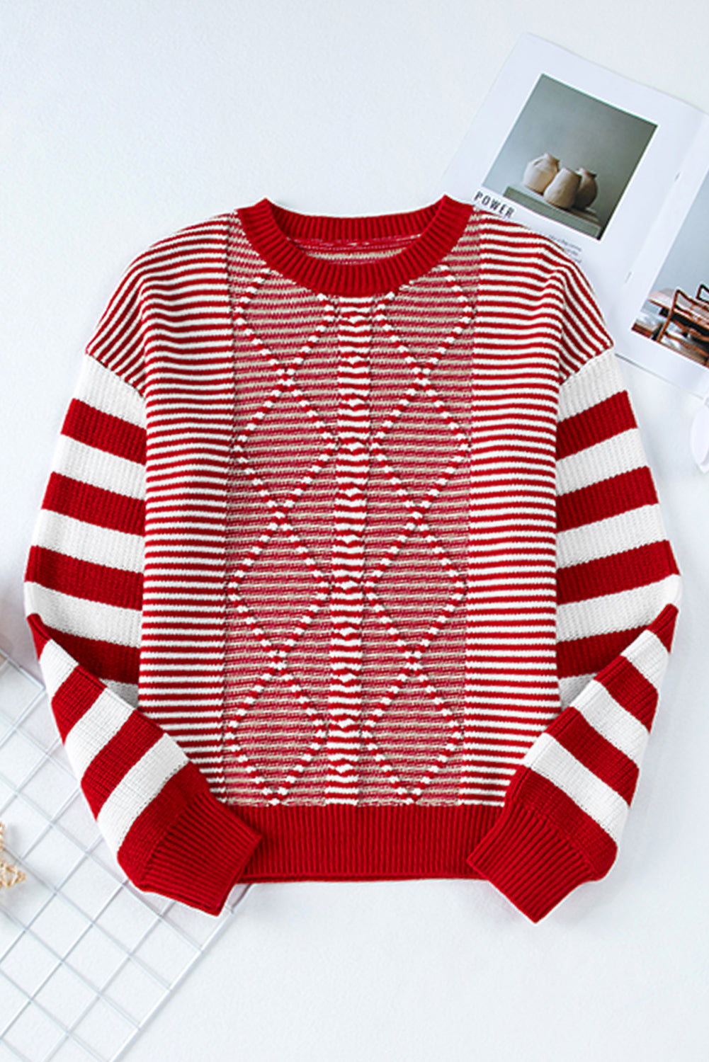 Red Stripe Twisted Knitted Drop Shoulder Sweater