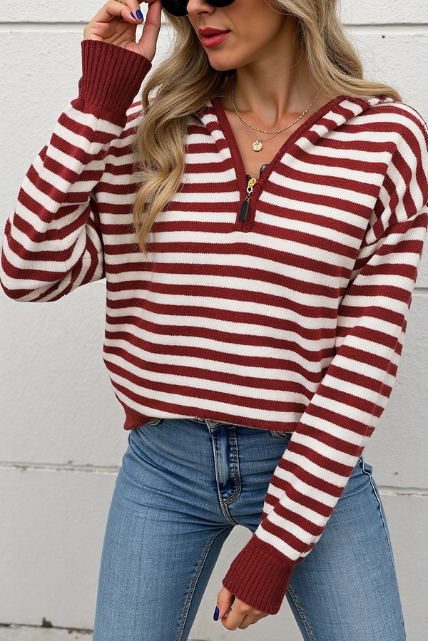 Red Stripe Half Zipper Hooded Pullover Sweater