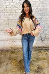 Light French Beige Geometric Patchwork Raglan Sleeve Pullover Sweatshirt
