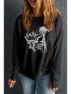 Black Embroidered Howdy Cow Graphic Crew Neck Sweatshirt