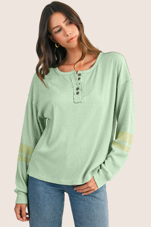 Meadow Mist Green Textured Colorblock Sleeve Henley Sweatshirt