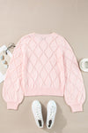 Gossamer Pink Openwork Plaid Puff Sleeve Cropped Sweater