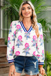 White Floral Print Pop of Color V-neck Long Sleeve Blouse