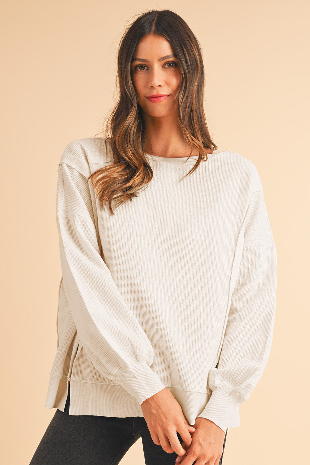 Gray Knit Bishop Sleeve Split Oversized Sweatshirt