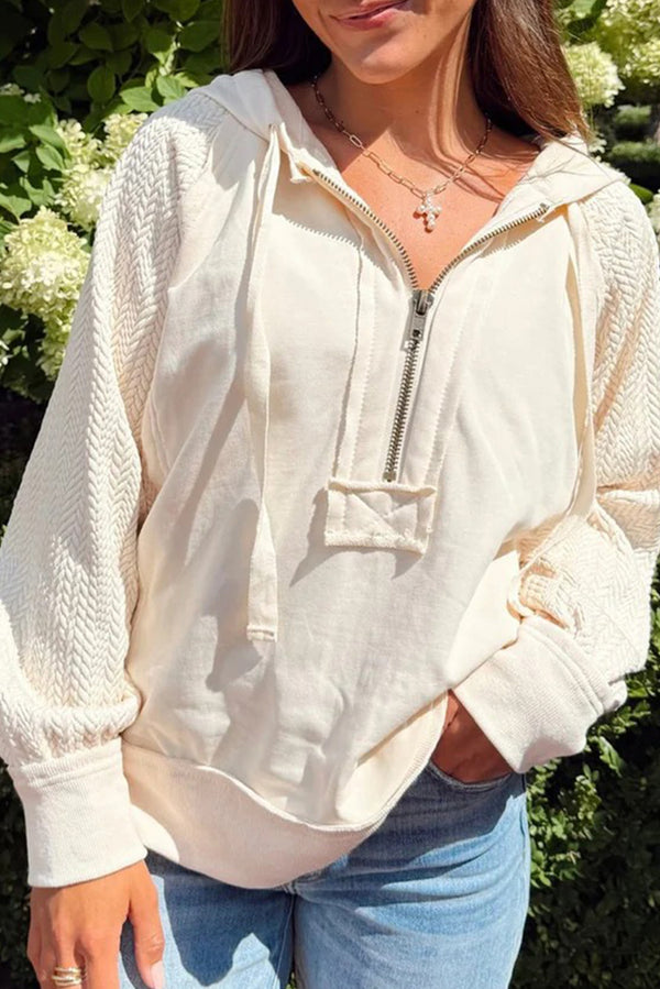 Beige Textured Patchwork Half Zip Long Sleeve Hoodie