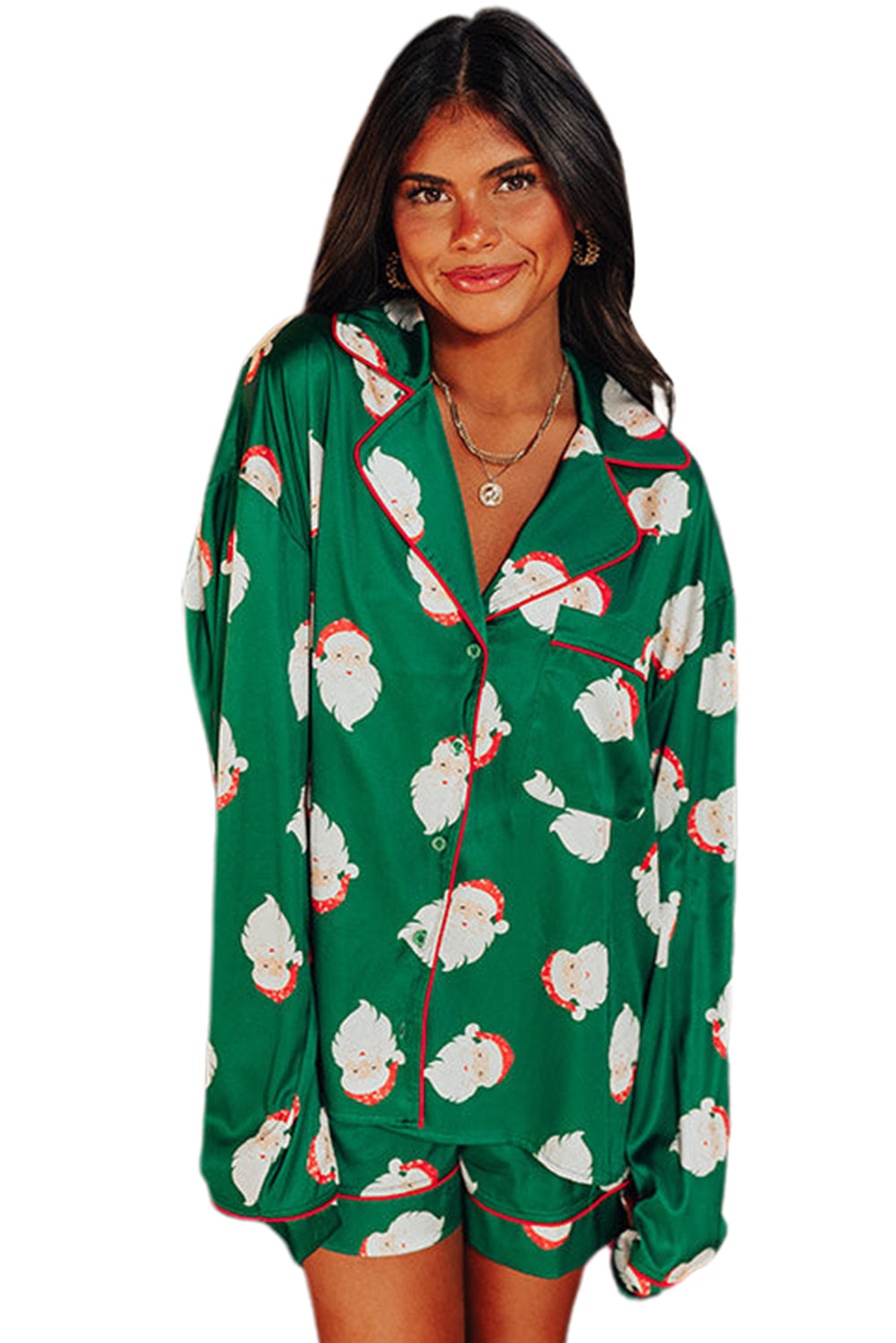 Green Christmas Santa Claus Satin Shirt and Shorts Pajama Set