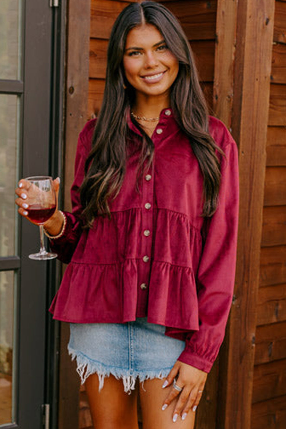 Burgundy Smocked Ruffle Tiered Button-up Shirt