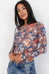 Black Allover Floral Print Mesh Long Sleeve Top