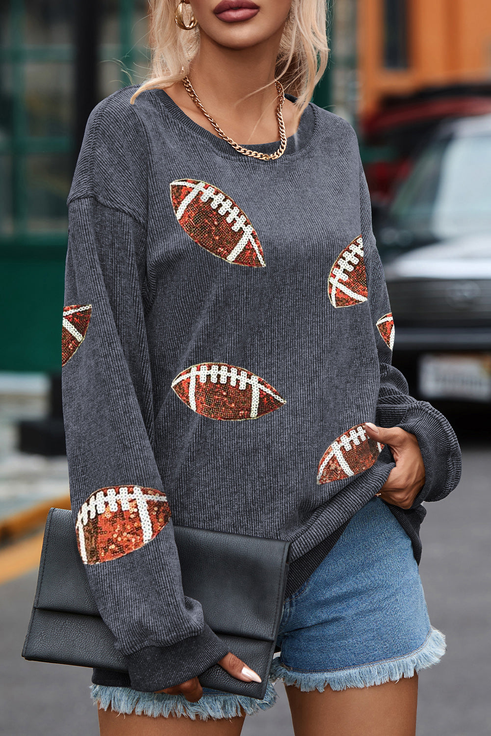 Green Sequin Rugby Graphic Corded Baggy Sweatshirt