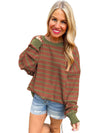 Brown Stripe Round Neck Drop Shoulder Loose Sweater