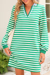 Green Pop of Color V Neck Striped Long Sleeve Mini Dress