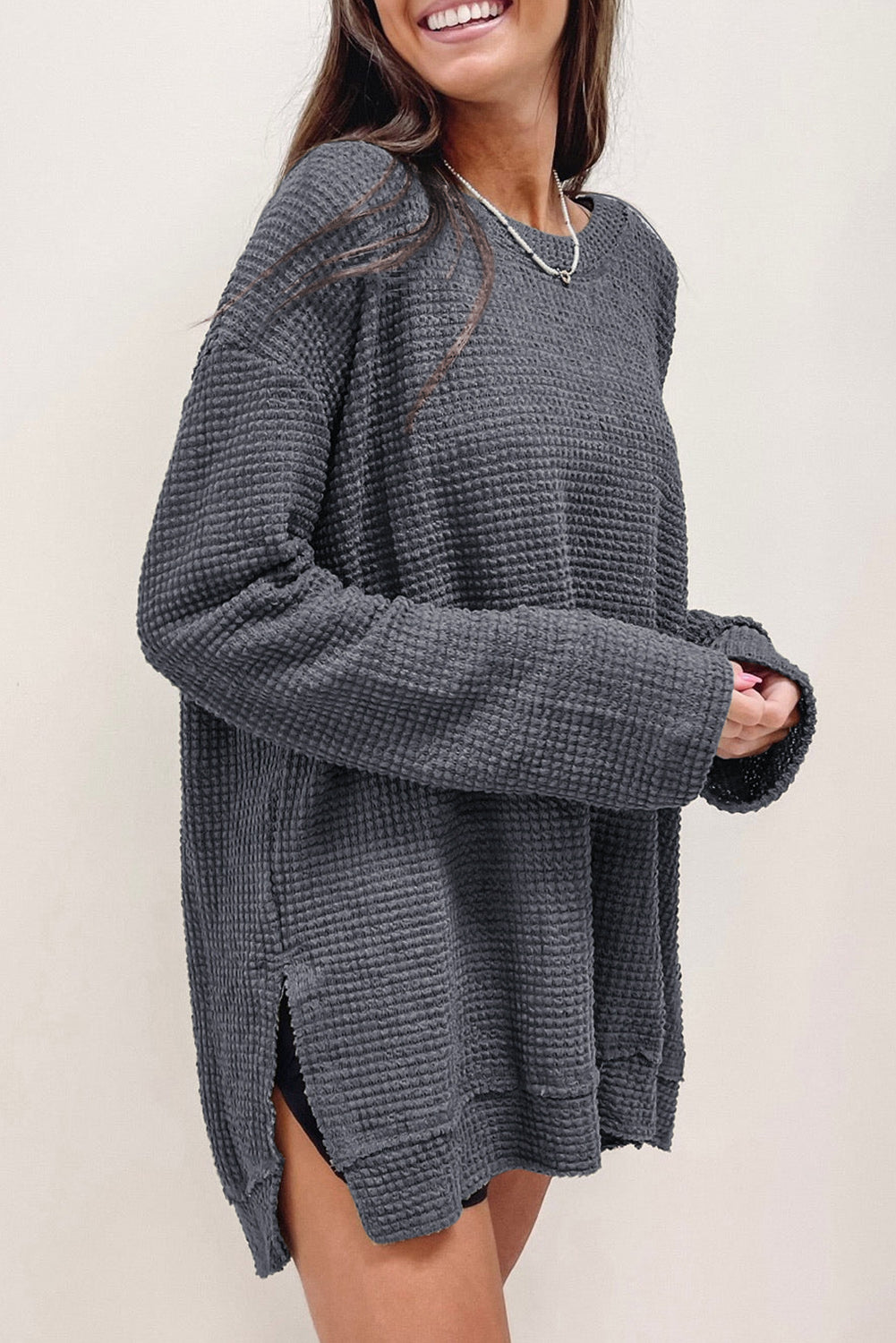 Gray Waffle Knit Drop Sleeve Side Slits Oversized Top