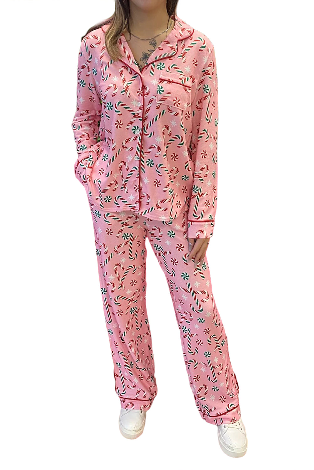 Pink Christmas Candy Cane Print Collar Shirt and Pants Pajamas Set