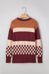 Brown Checkered Colorblock Knitted Drop Shoulder Sweater