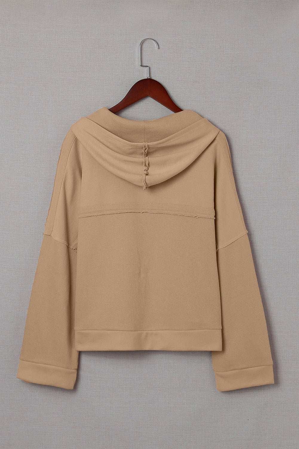 Khaki Solid Color Casual Button Seam Trim Hoodie