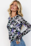 Black Allover Floral Print Mesh Long Sleeve Top