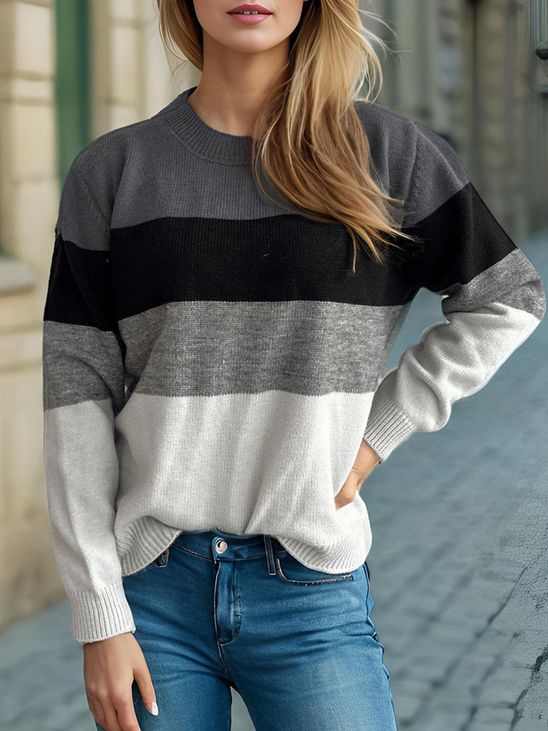 Color Block Round Neck Long Sleeve Sweater