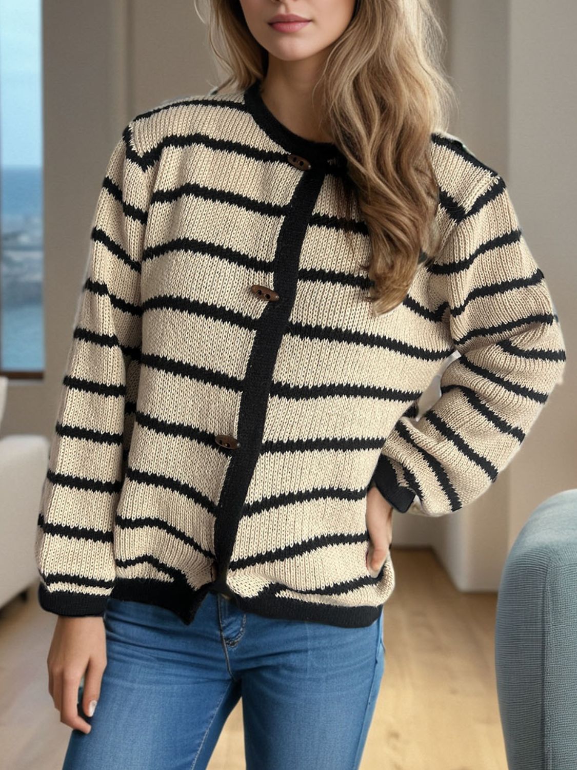 Striped Round Neck Long Sleeve Cardigan