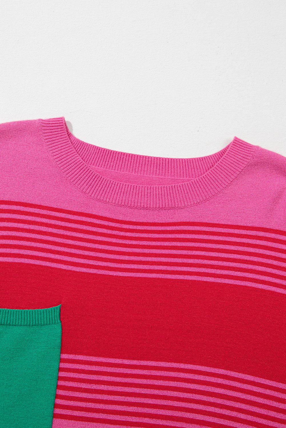 Rose Striped Patch Pocket Drop Shoulder Knit Sweater