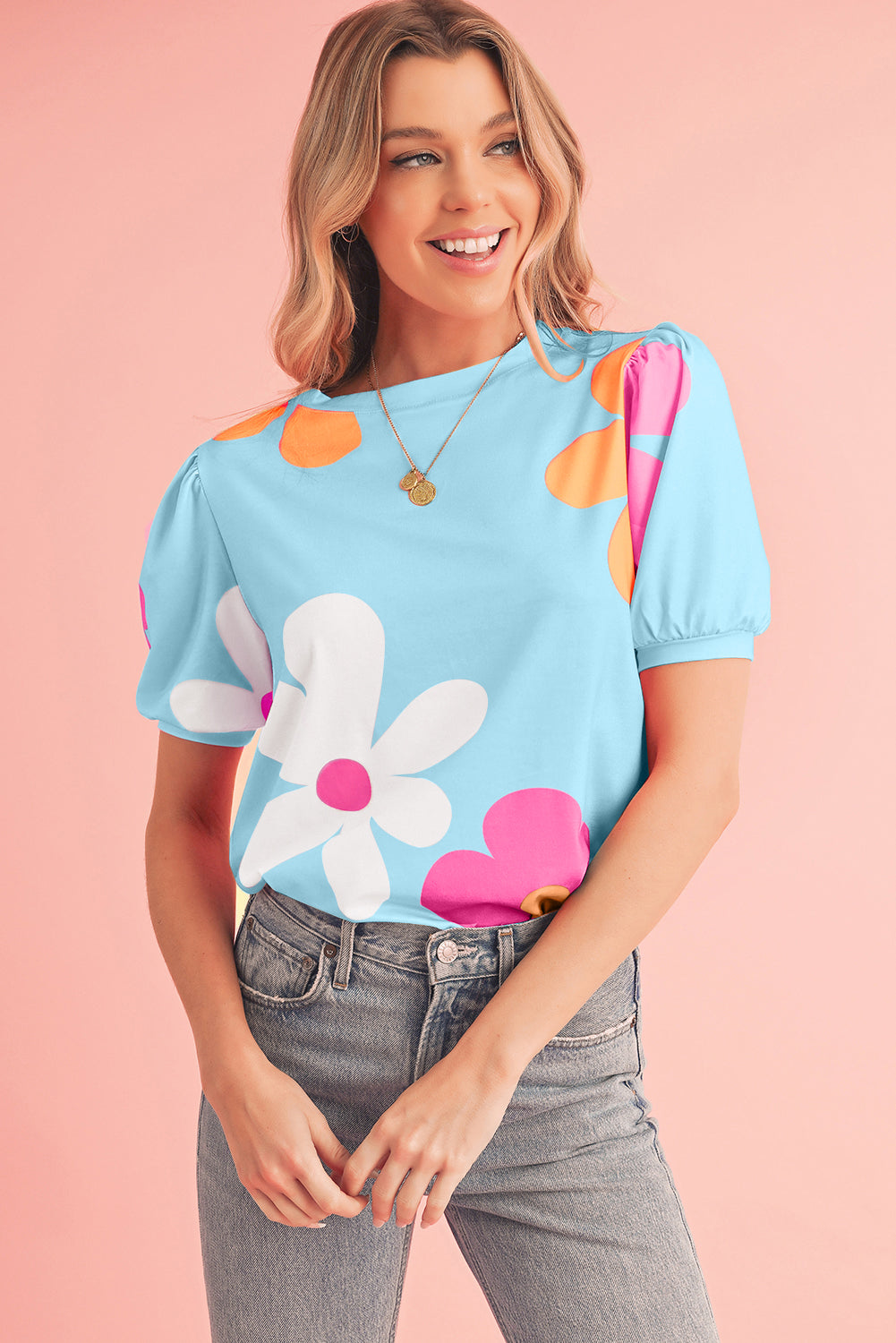 Sky Blue Colorful Flower Print Bubble Sleeve Tee