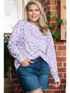 Purple Leopard Print Boat Neck Drop Shoulder Waffle Knit Plus Size Top