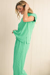 Blue Solid Corded Short Sleeve T Shirt and Wide Leg Pants Set
