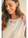 Beau Blue Crinkle Rib Floral Patchwork Balloon Sleeve Top