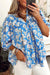 Sky Blue Vintage Floral Print V-Neck Bubble Sleeve Blouse