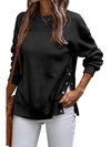 Black Snap Button Side Slits Solid Color Sweatshirt