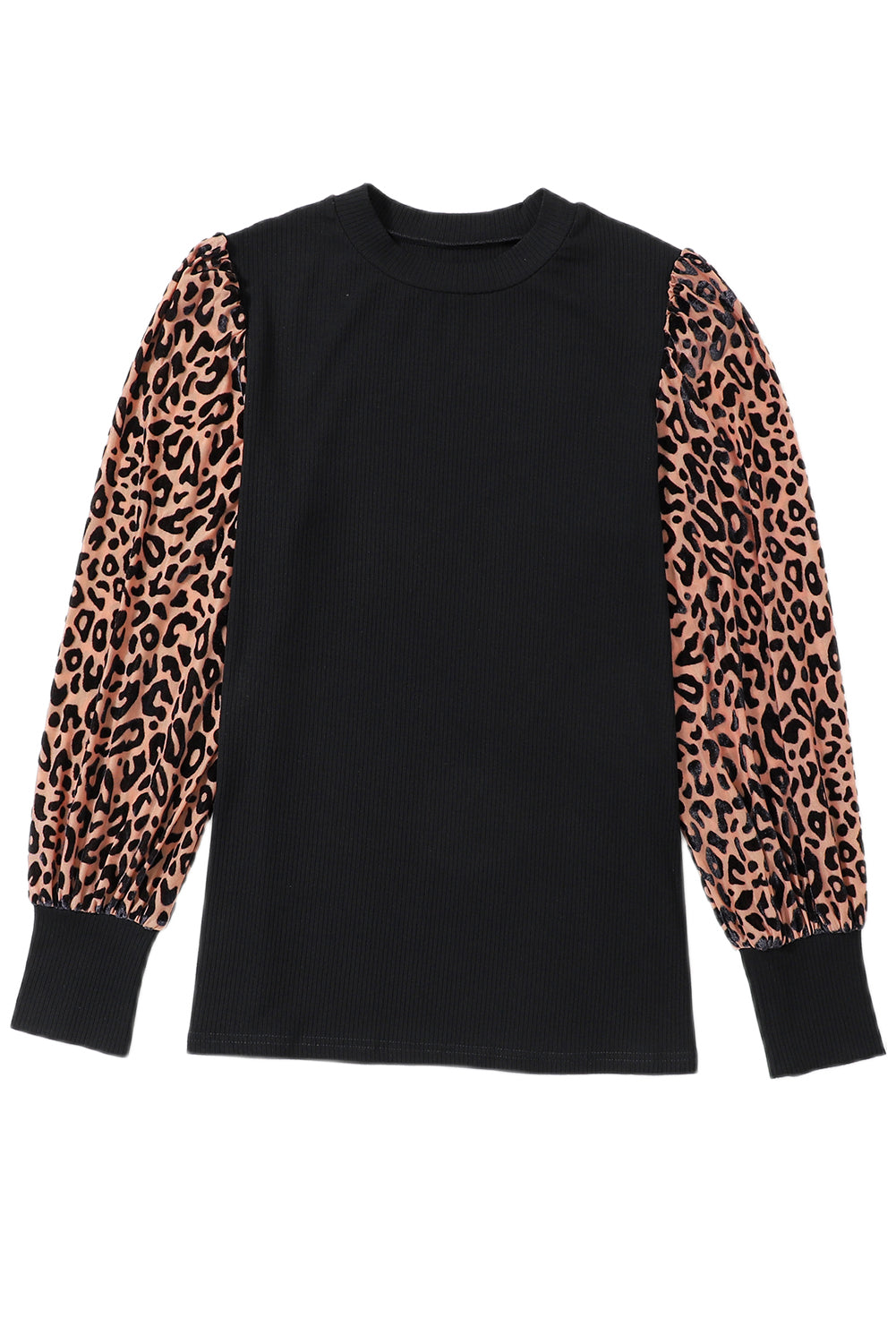 Apricot Leopard Print Long Sleeve Ribbed Knit Blouse