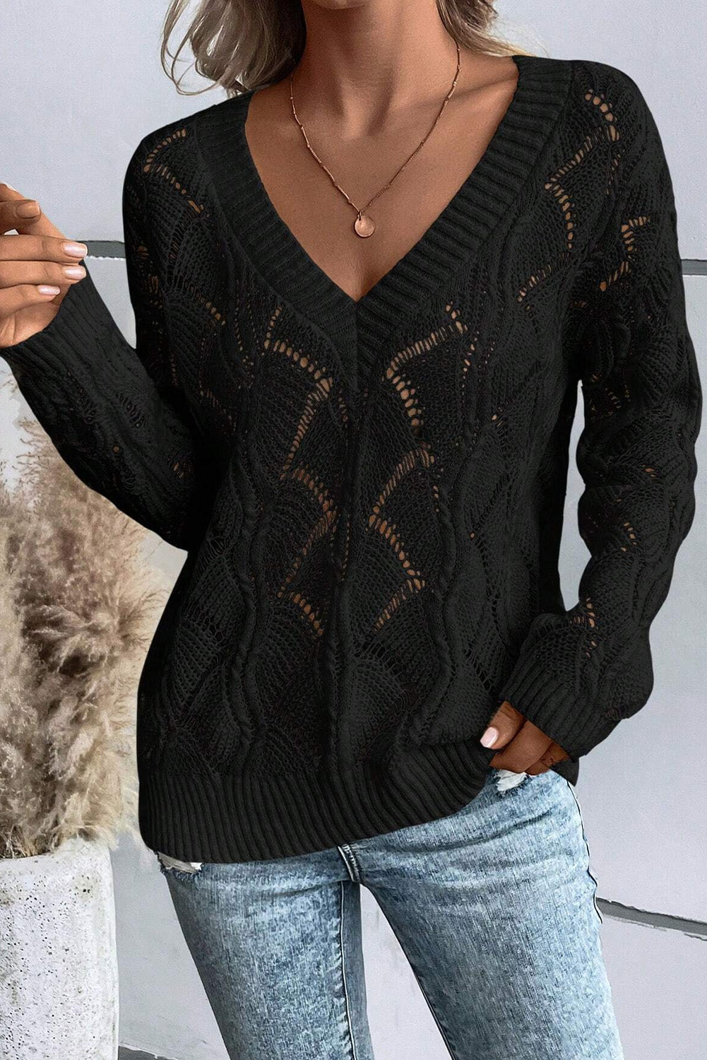 Sweaters Beige Knit Hollow Out V Neck Drop Shoulder Sweater.