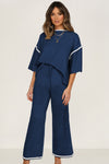 Navy Blue Loose Contrast Trim Half Sleeve Top and Drawstring Pants Set