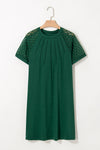 Dark Brown Contrast Lace Raglan Sleeve Pleated Detail Shift Dress