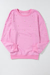 Pink Pearl Decor Ribbed Contrast Round Neck Sweatshirt