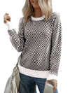 Coffee Stripe Contrast Edge Crew Neck Drop Shoulder Sweater