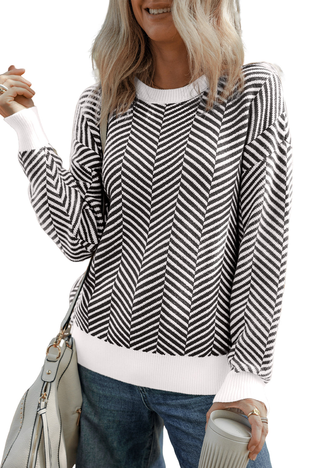 Coffee Stripe Contrast Edge Crew Neck Drop Shoulder Sweater