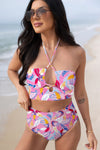 Pink Floral Printed Halter Neck High Waist Bikini