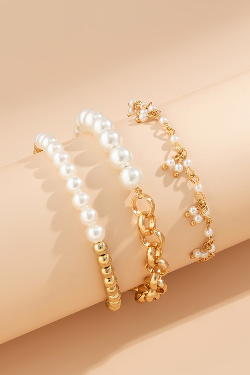 Gold 3pcs Pearl Pleated Alloy Beaded Bracelet Set