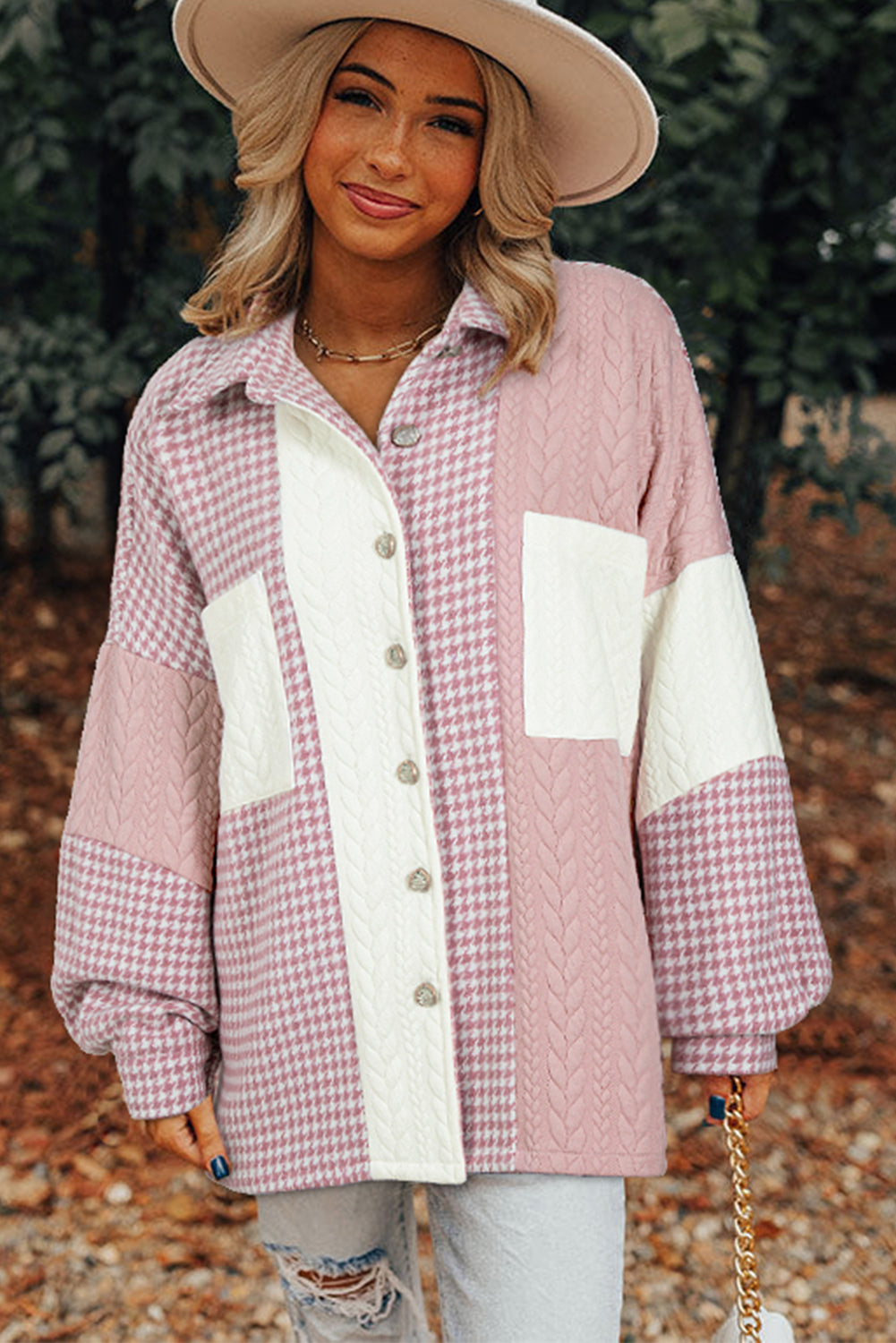 Pink Houndstooth Textured Patchwork Loose Shacket