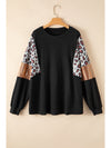 Black Plus Size Leopard Sequin Patchwork Long Sleeve Top