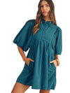 Light Blue Snap Button Empire Waist Lantern Sleeve Corduroy Dress