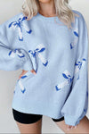 Beau Blue Bow Jacquard Pullover Knitted Sweater