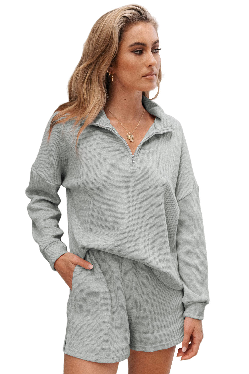 Gray Ribbed Zipper Sweatshirt & High Waist Shorts Set